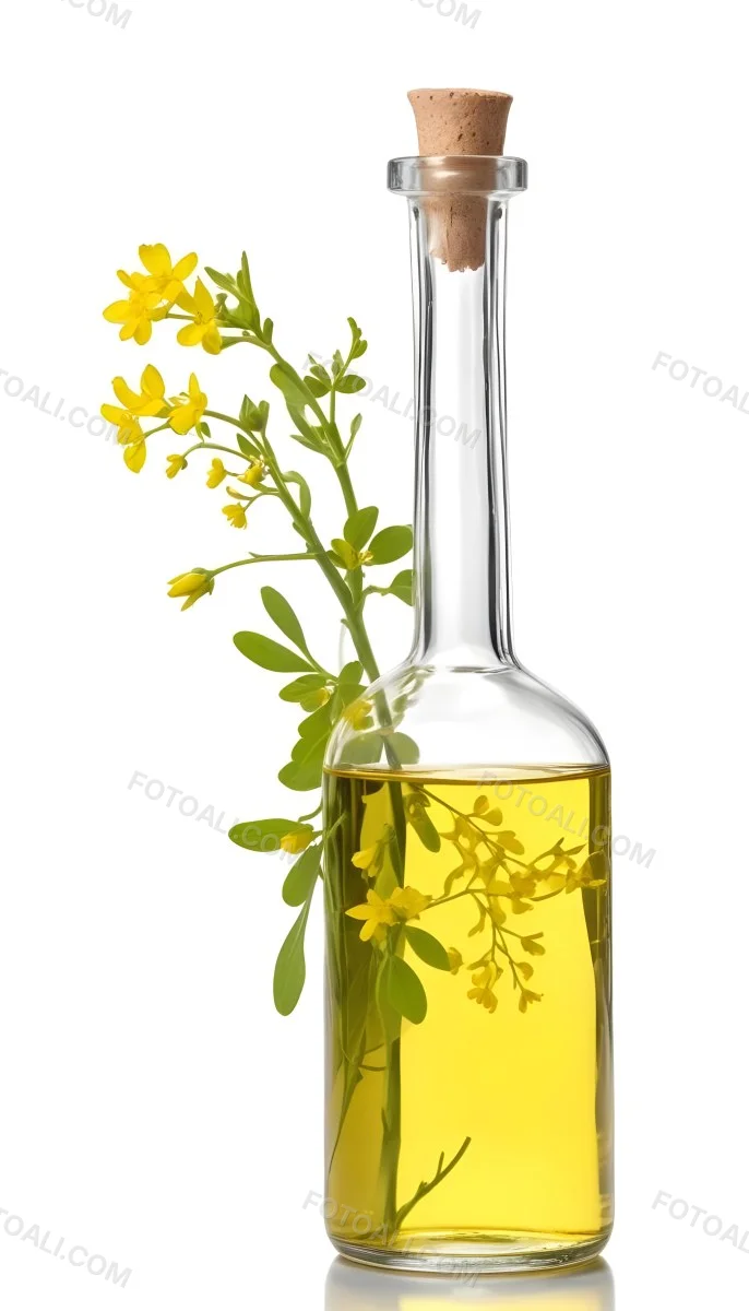 Rapeseed Oil In A Glass Bottle With A Thin Neck Tied With A String Next To A Rapeseed Flower On A White Background 30 Be2f