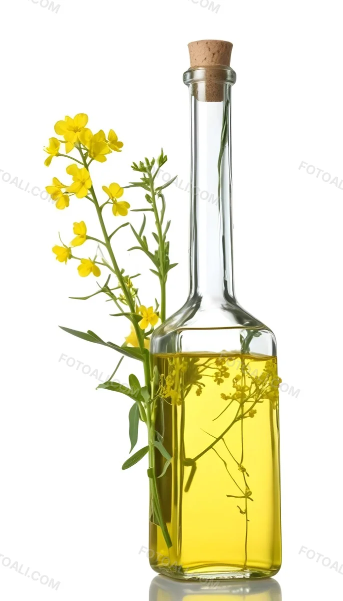 Rapeseed Oil In A Glass Bottle With A Thin Neck Tied With A String Next To A Rapeseed Flower On A White Background 31 C04e