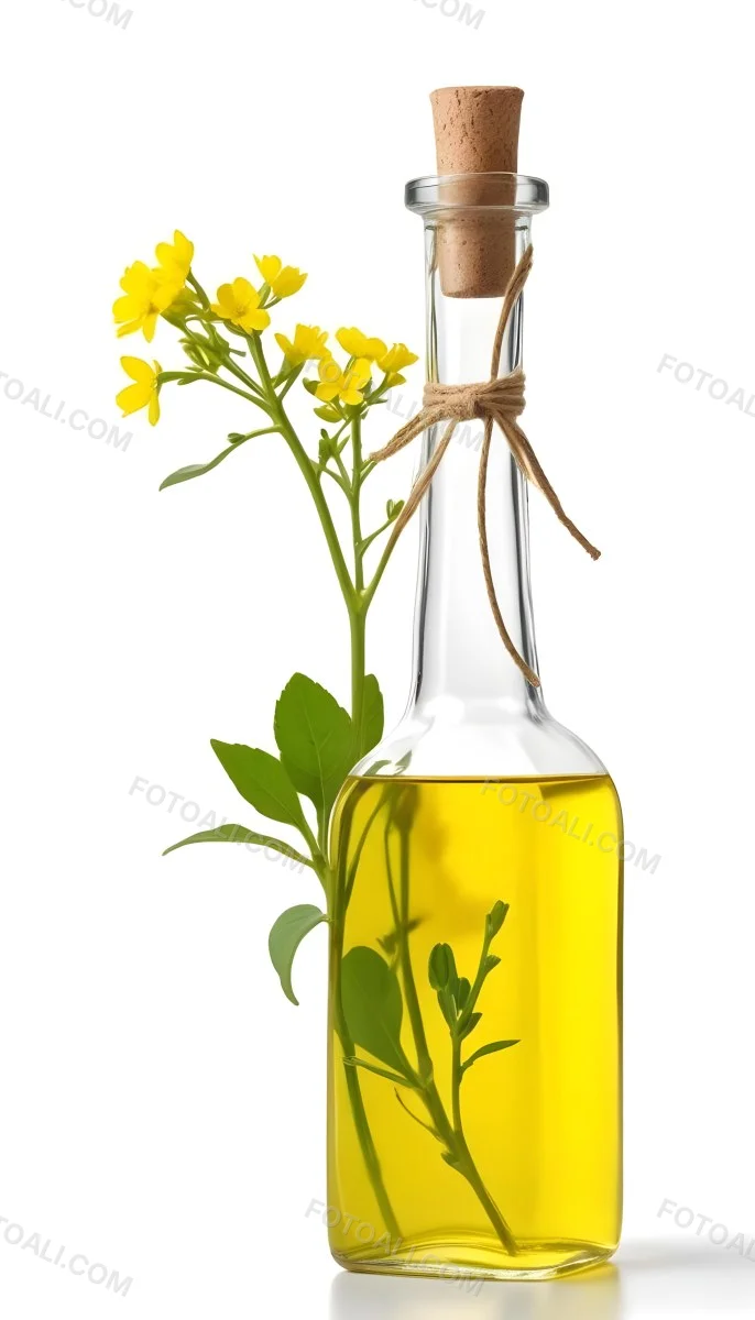 Rapeseed Oil In A Glass Bottle With A Thin Neck Tied With A String Next To A Rapeseed Flower On A White Background 5 E12e