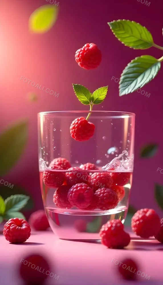 Raspberries Falling Into A Glass Of Water With Water Drops Mint Leaves Pink Background Bright Light Close Up 17 248a