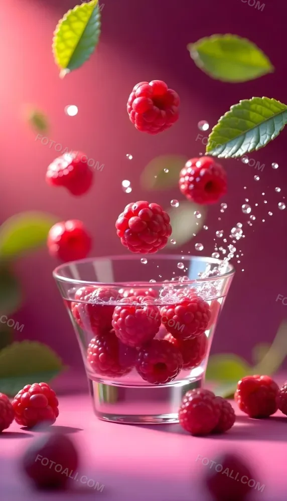 Raspberries Falling Into A Glass Of Water With Water Drops Mint Leaves Pink Background Bright Light Close Up 20 B67c