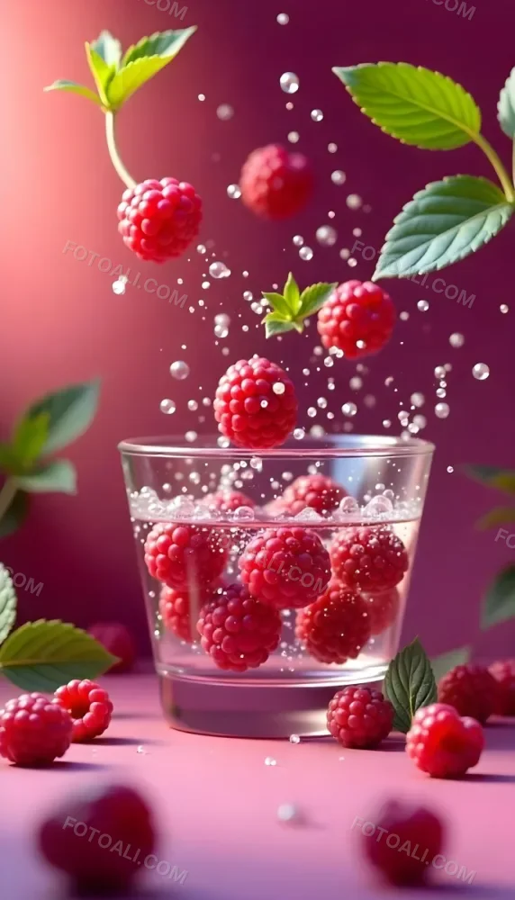 Raspberries Falling Into A Glass Of Water With Water Drops Mint Leaves Pink Background Bright Light Close Up 26 8e08