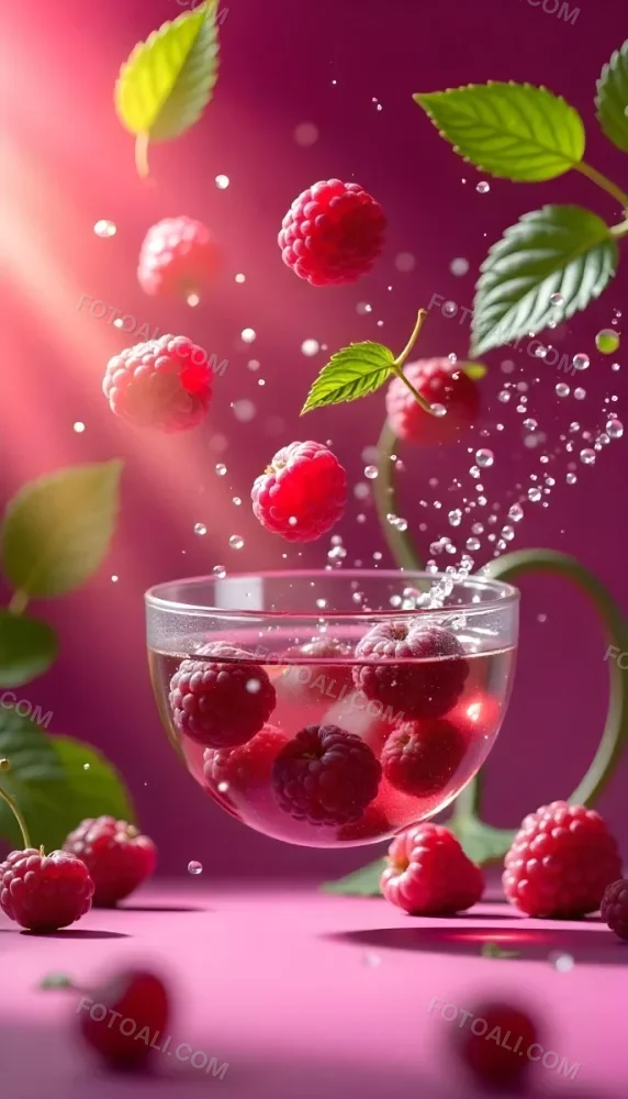 Raspberries Falling Into A Glass Of Water With Water Drops Mint Leaves Pink Background Bright Light Close Up 28 E8c3