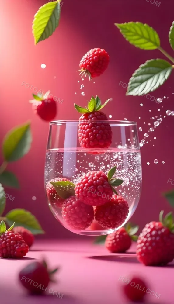 Raspberries Falling Into A Glass Of Water With Water Drops Mint Leaves Pink Background Bright Light Close Up 39 Ce85