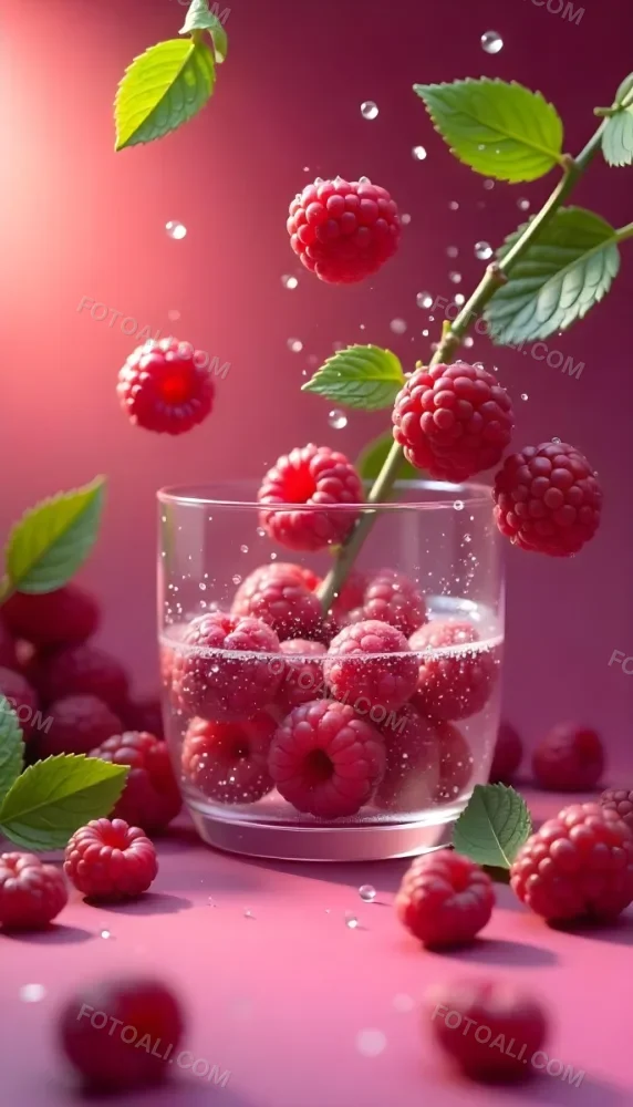 Raspberries Falling Into A Glass Of Water With Water Drops Mint Leaves Pink Background Bright Light Close Up 41 4ea6
