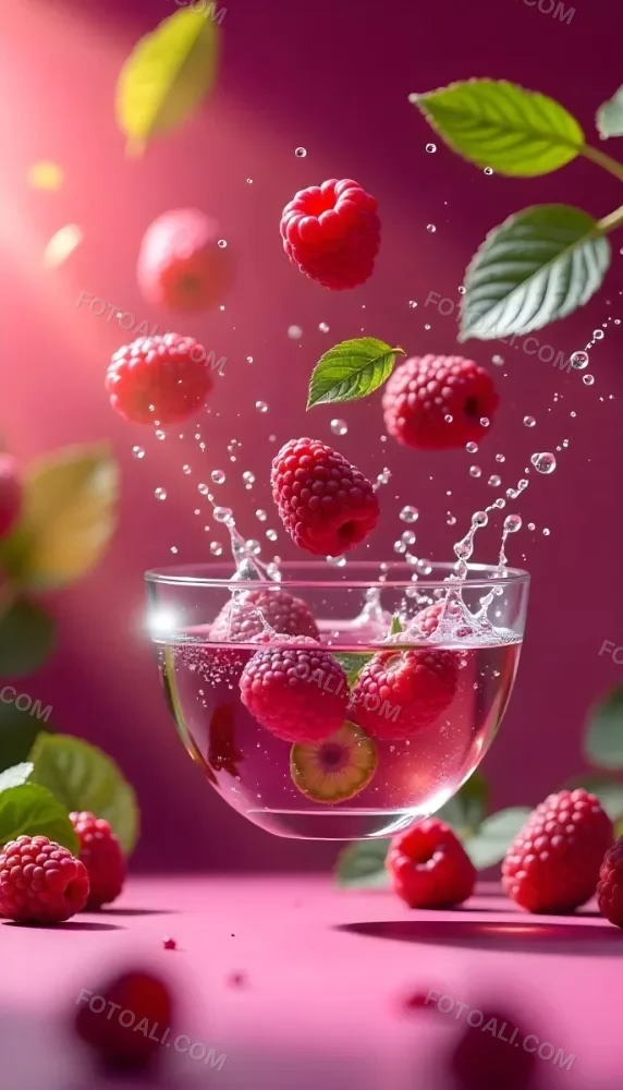 Raspberries Falling Into A Glass Of Water With Water Drops Mint Leaves Pink Background Bright Light Close Up 43 8eaf