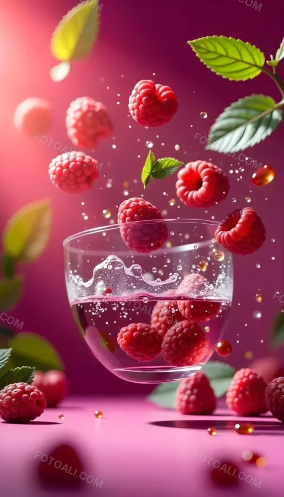 Raspberries Falling Into A Glass Of Water With Water Drops Mint Leaves Pink Background Bright Light Close Up 5 849e