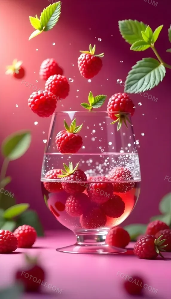 Raspberries Falling Into A Glass Of Water With Water Drops Mint Leaves Pink Background Bright Light Close Up 6 C31a