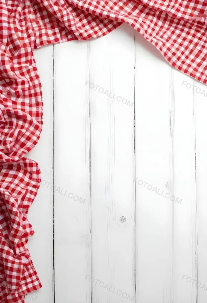 Red And White Checkered Tablecloth On A White Wooden Table The Tablecloth Is On The Center Blank Space In The Center 3 F75f