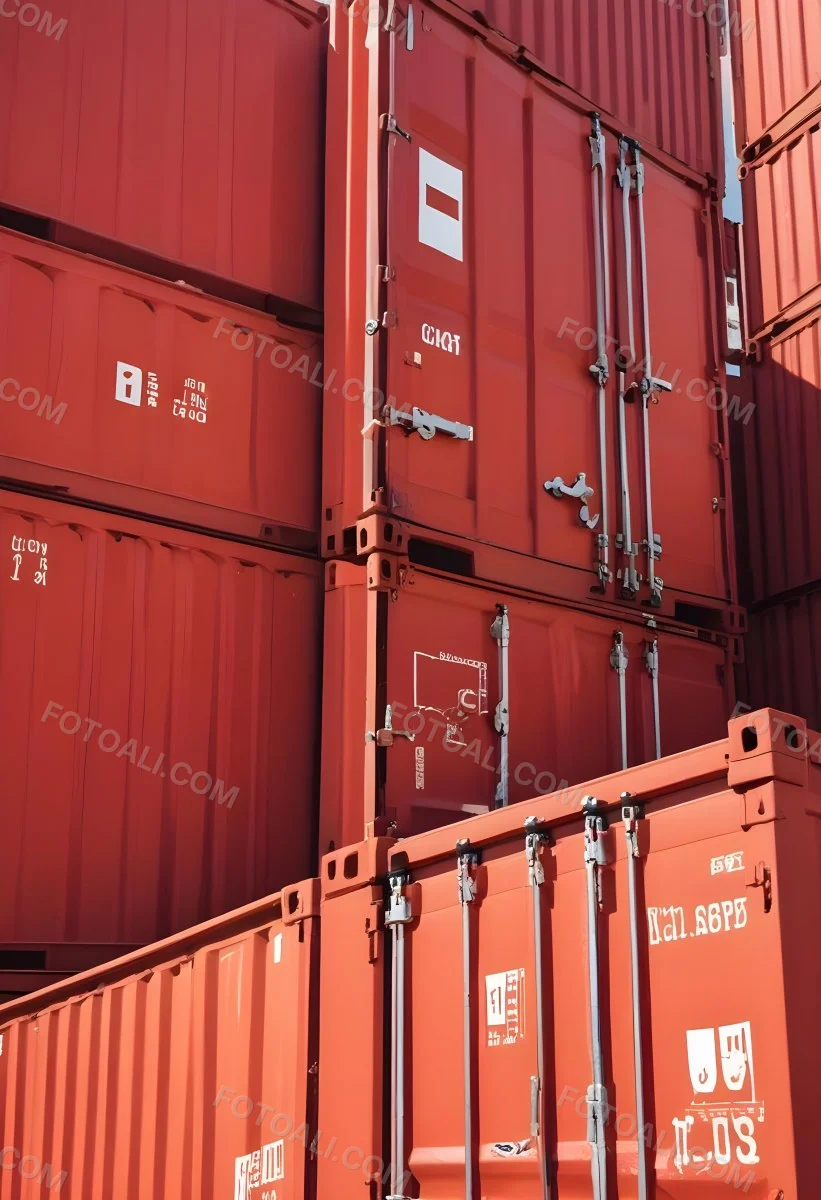 Red Cargo Containers Stacked On Top Of Each Other With A Metal Latch Visible On The Side Of One Of The Containers In A Sunny Environment Against A Background Of A Shipping Yard 1 8f11