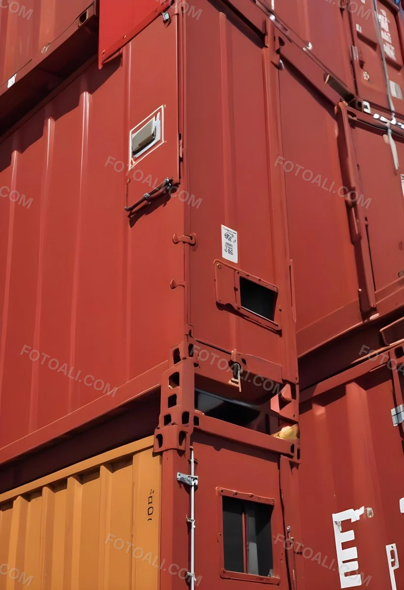 Red Cargo Containers Stacked On Top Of Each Other With A Metal Latch Visible On The Side Of One Of The Containers In A Sunny Environment Against A Background Of A Shipping Yard 17 2bba