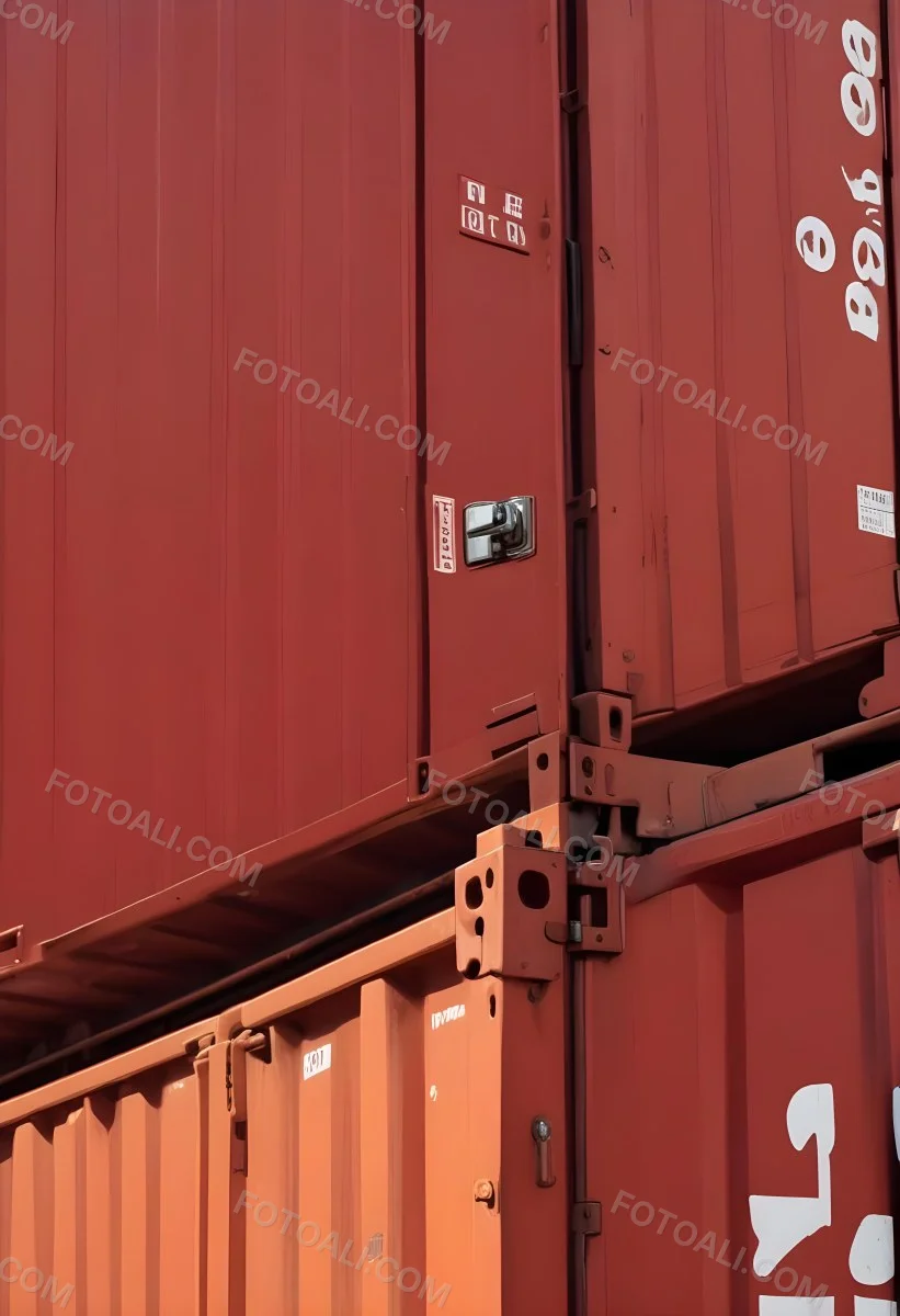Red Cargo Containers Stacked On Top Of Each Other With A Metal Latch Visible On The Side Of One Of The Containers In A Sunny Environment Against A Background Of A Shipping Yard 19 9483