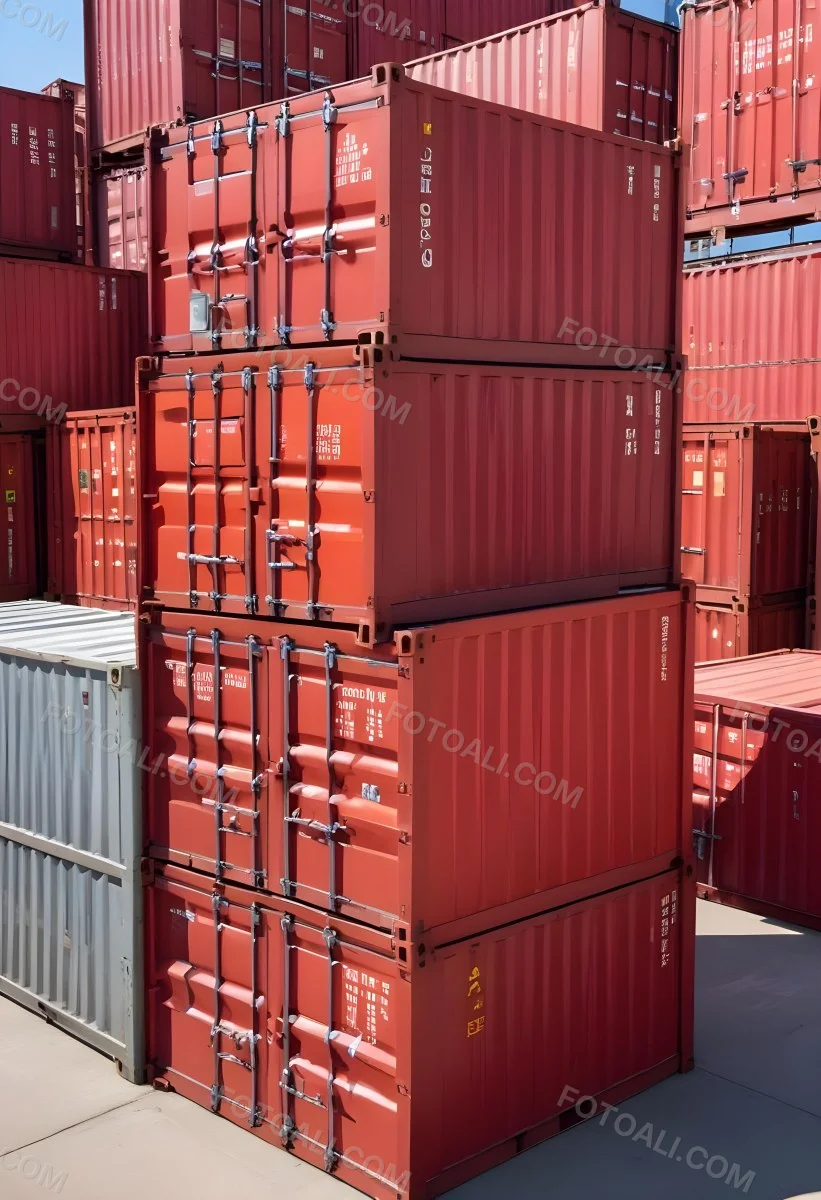 Red Cargo Containers Stacked On Top Of Each Other With A Metal Latch Visible On The Side Of One Of The Containers In A Sunny Environment Against A Background Of A Shipping Yard 2 05ed