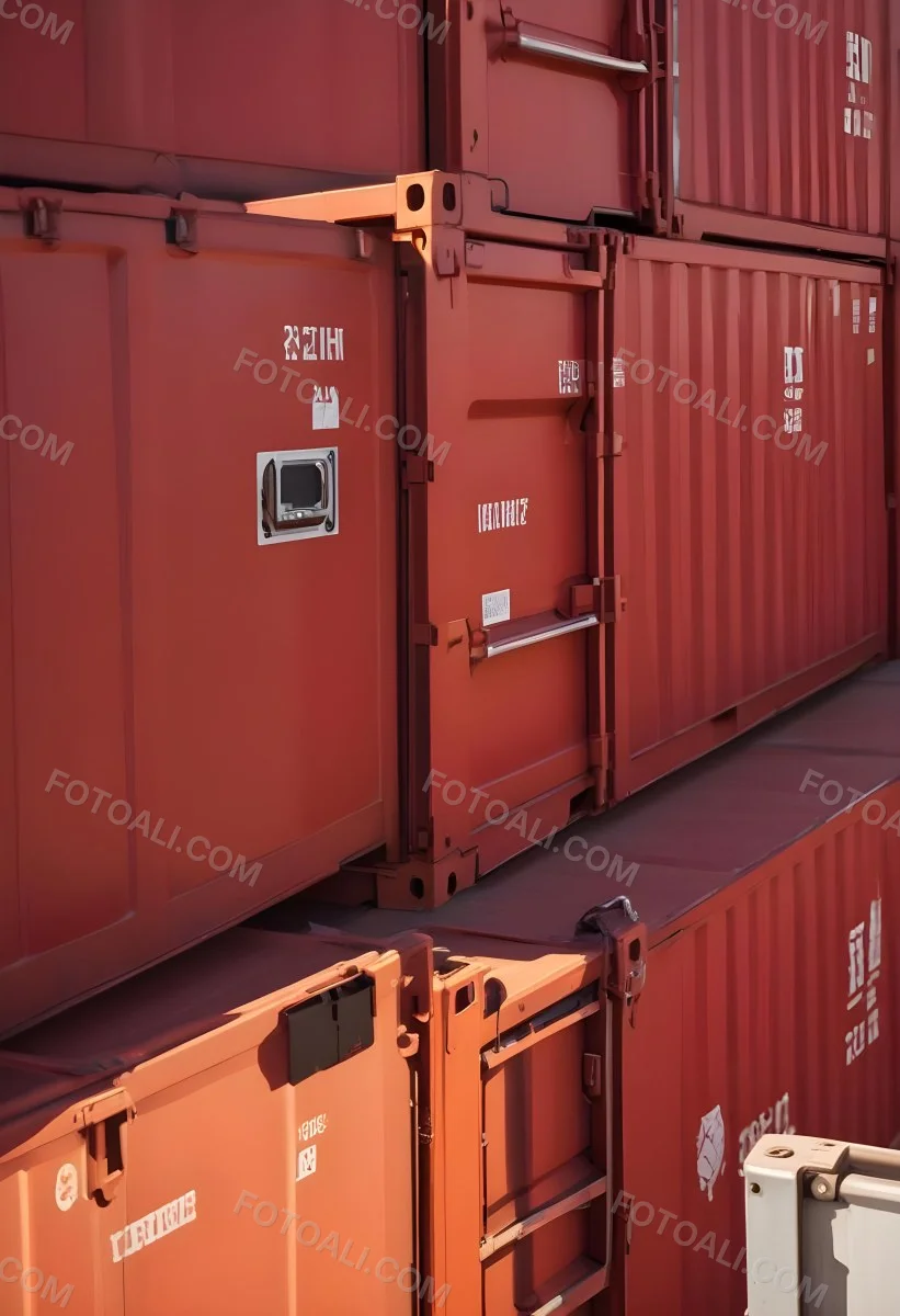 Red Cargo Containers Stacked On Top Of Each Other With A Metal Latch Visible On The Side Of One Of The Containers In A Sunny Environment Against A Background Of A Shipping Yard 20 F62e
