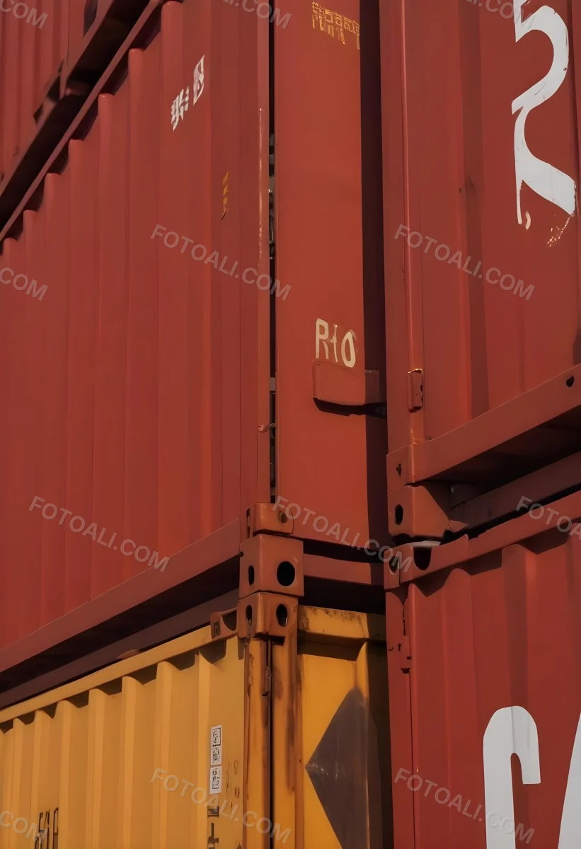 Red Cargo Containers Stacked On Top Of Each Other With A Metal Latch Visible On The Side Of One Of The Containers In A Sunny Environment Against A Background Of A Shipping Yard 21 3d45