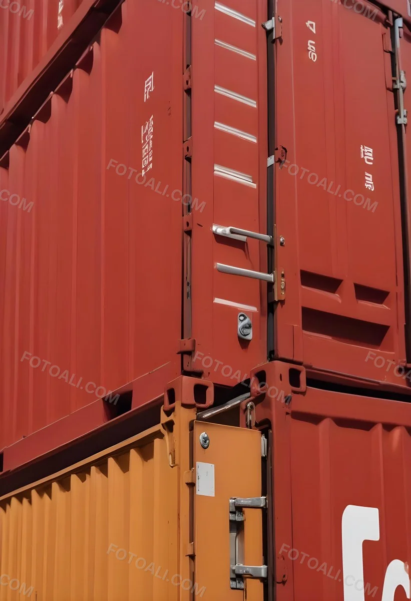 Red Cargo Containers Stacked On Top Of Each Other With A Metal Latch Visible On The Side Of One Of The Containers In A Sunny Environment Against A Background Of A Shipping Yard 22 Fcb9