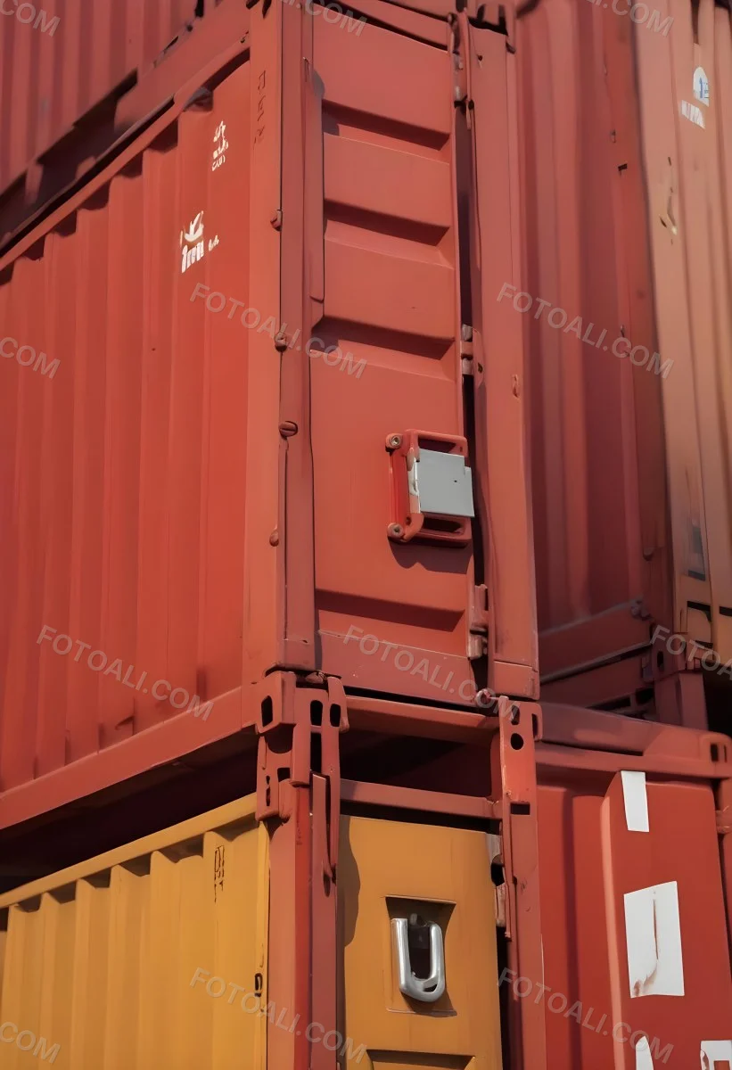 Red Cargo Containers Stacked On Top Of Each Other With A Metal Latch Visible On The Side Of One Of The Containers In A Sunny Environment Against A Background Of A Shipping Yard 23 8211