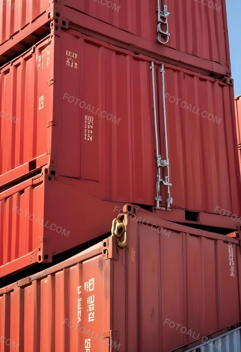 Red Cargo Containers Stacked On Top Of Each Other With A Metal Latch Visible On The Side Of One Of The Containers In A Sunny Environment Against A Background Of A Shipping Yard 3 37e8