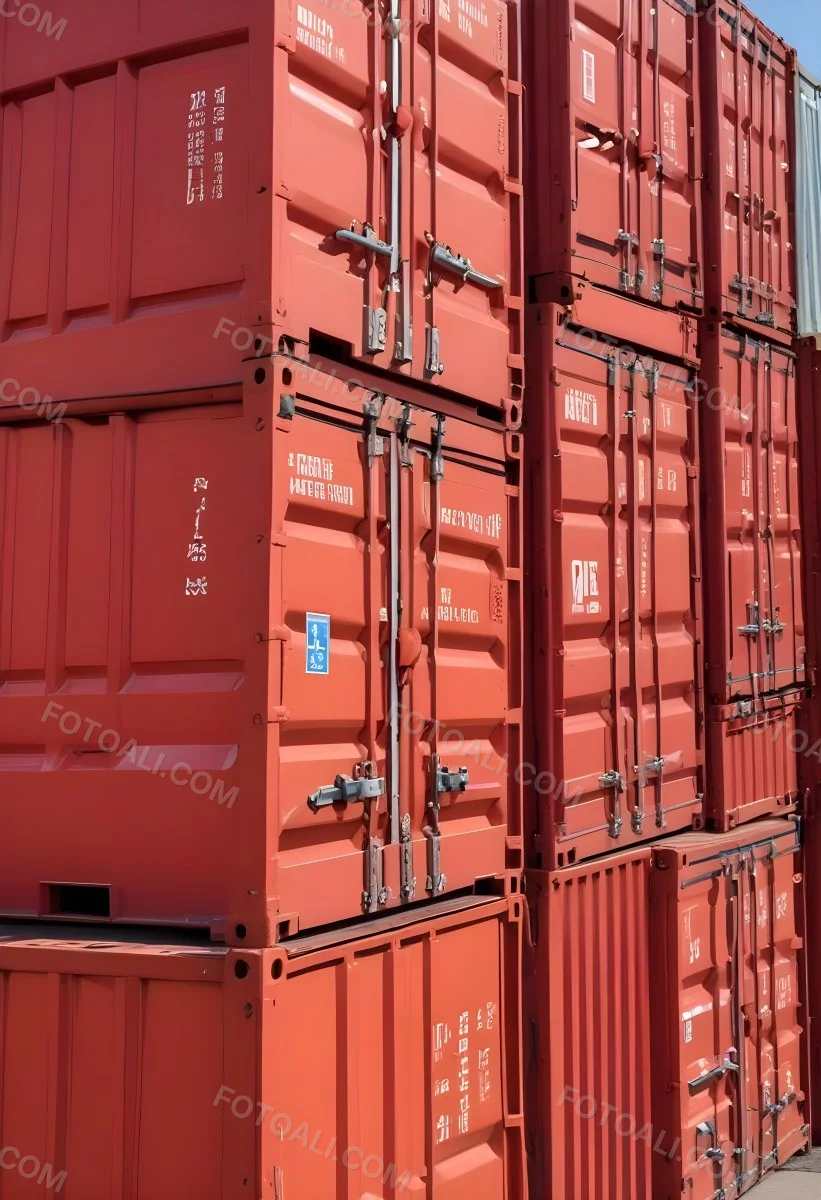 Red Cargo Containers Stacked On Top Of Each Other With A Metal Latch Visible On The Side Of One Of The Containers In A Sunny Environment Against A Background Of A Shipping Yard 5 Ebae