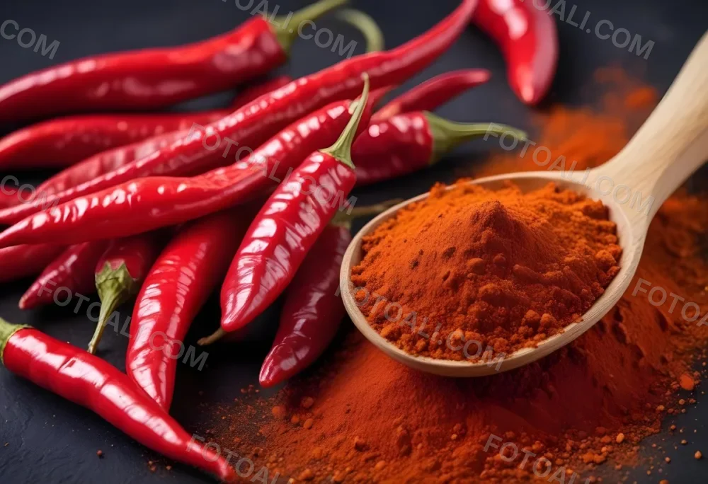 Red Chili Peppers And Chili Powder On A Dark Background 1 E9fe