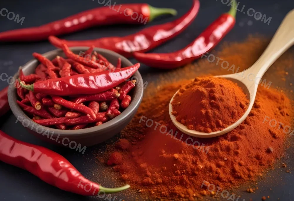 Red Chili Peppers And Chili Powder On A Dark Background 2 A54f