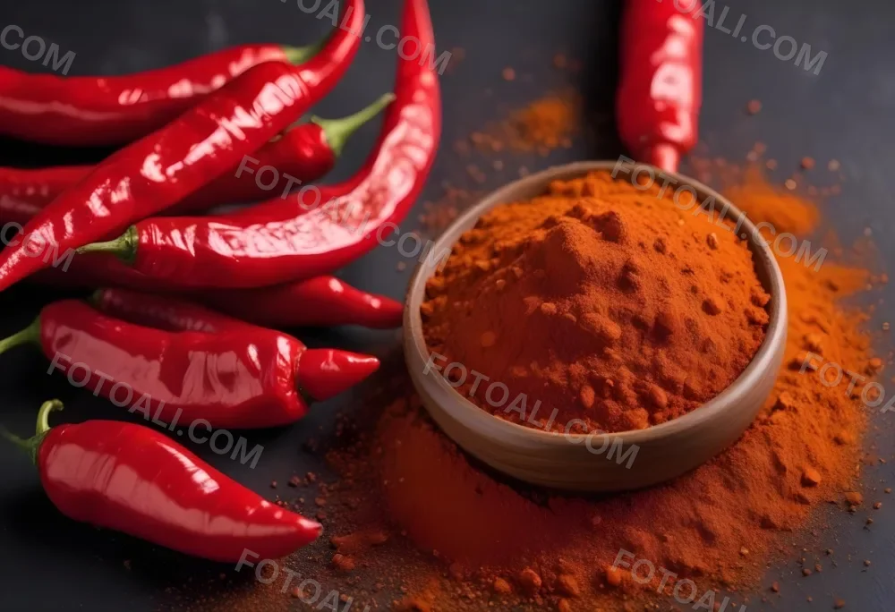 Red Chili Peppers And Chili Powder On A Dark Background 3 D4c2