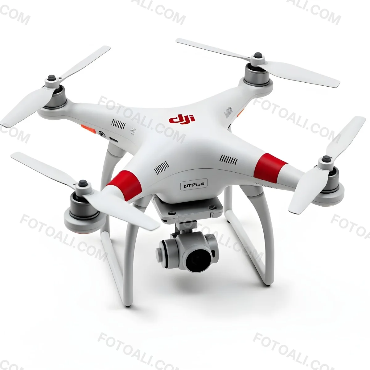 Red Dji Phantom Drone With White Stripes Camera Attached On A White Background 15 082a