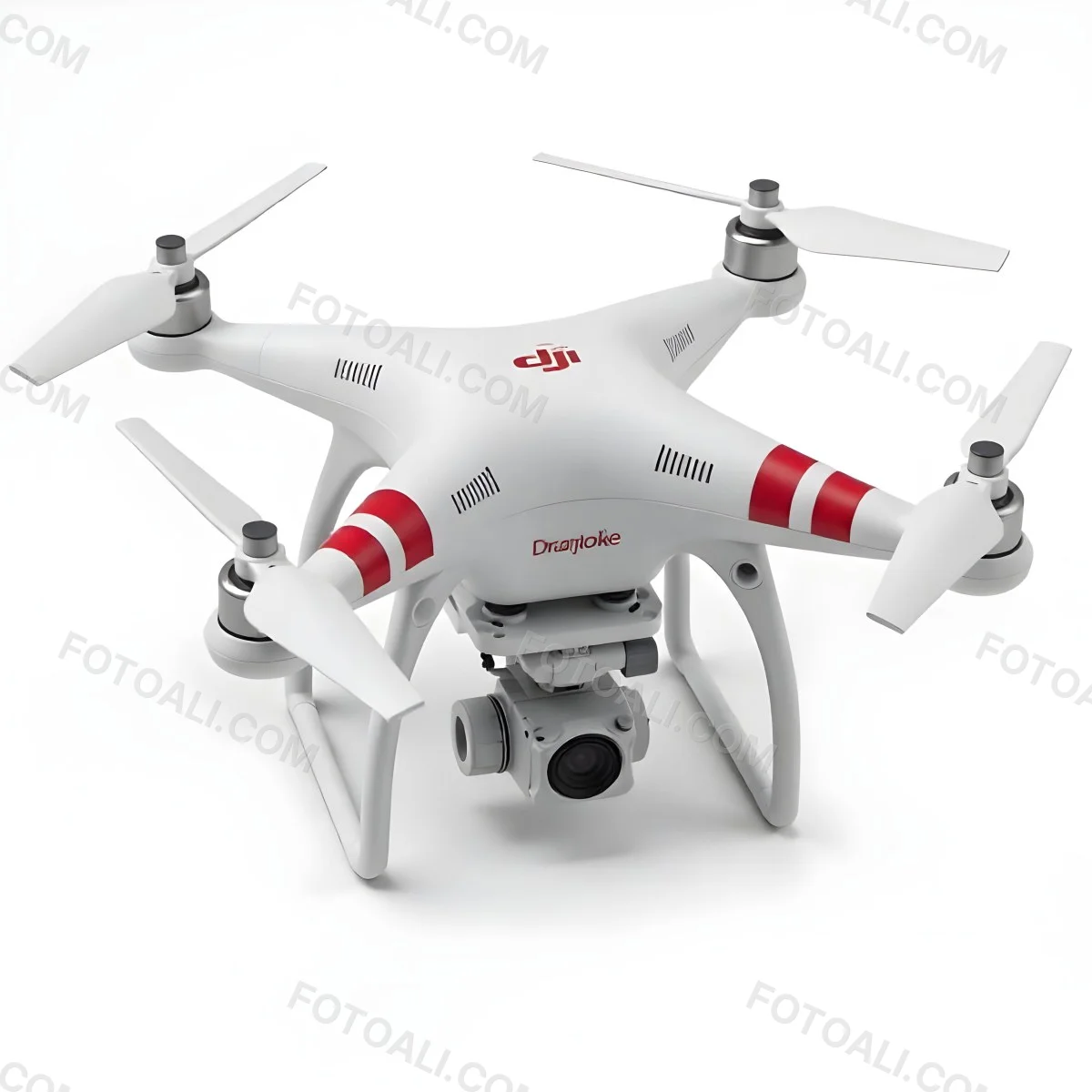 Red Dji Phantom Drone With White Stripes Camera Attached On A White Background 17 4702