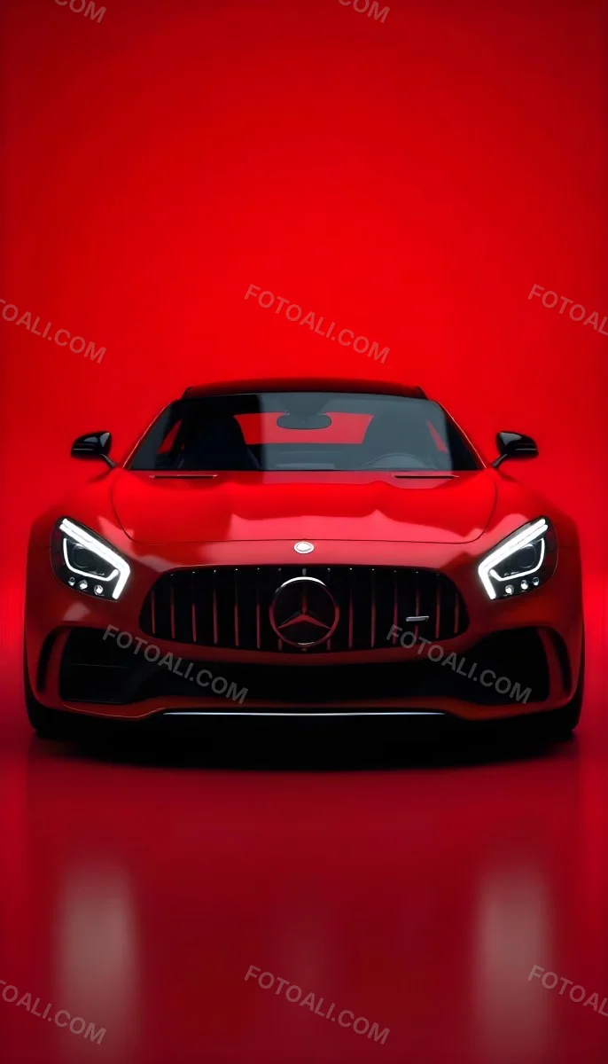 Red Mercedes Gts S Car Front View Sleek Design Prominent Mercedes Logo On The Grill Modern Headlights Against A Gradient Red Background 10 E88b