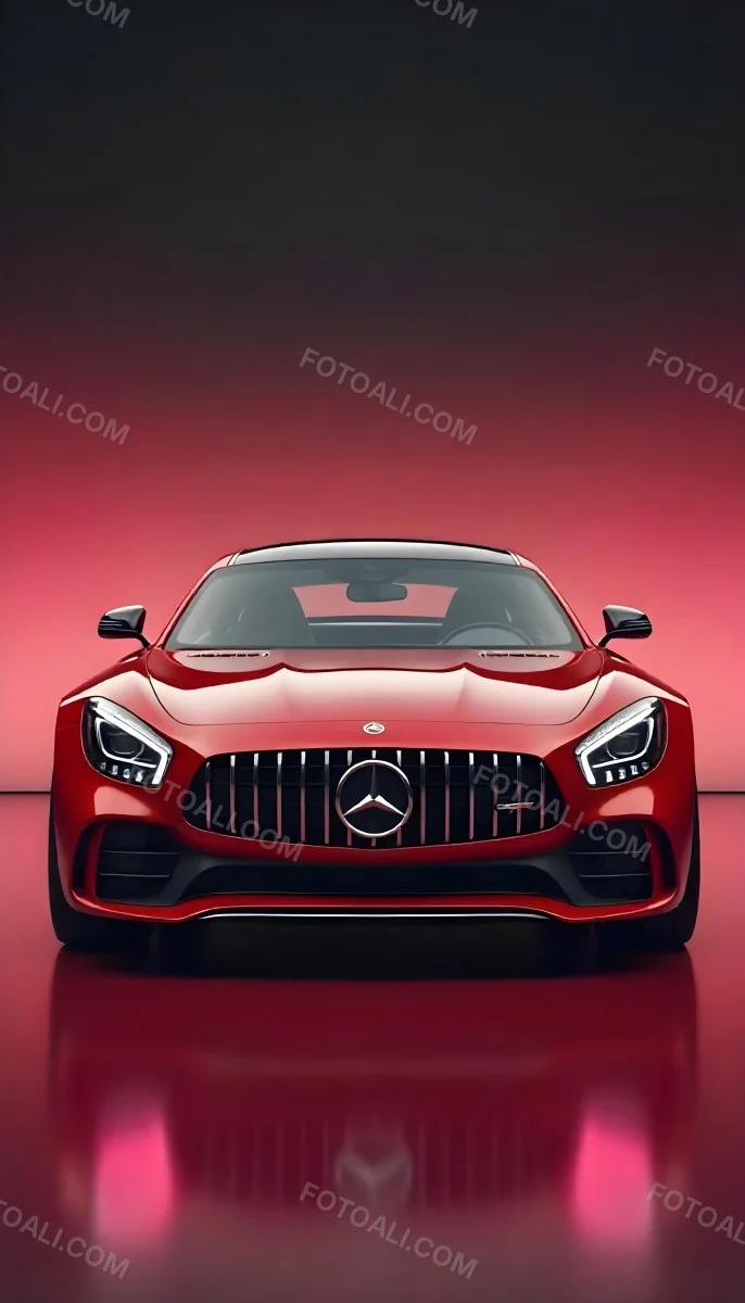 Red Mercedes Gts S Car Front View Sleek Design Prominent Mercedes Logo On The Grill Modern Headlights Against A Gradient Red Background 16 3e9e