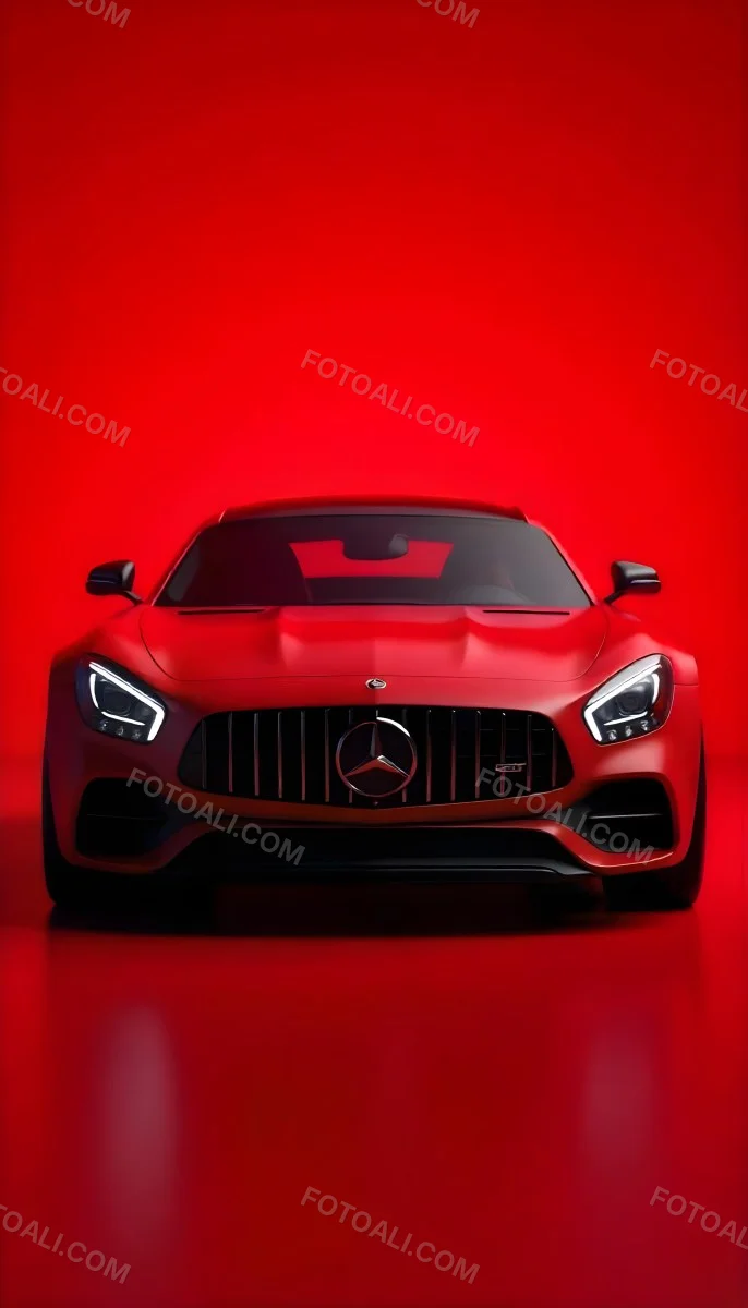 Red Mercedes Gts S Car Front View Sleek Design Prominent Mercedes Logo On The Grill Modern Headlights Against A Gradient Red Background 2 27ee