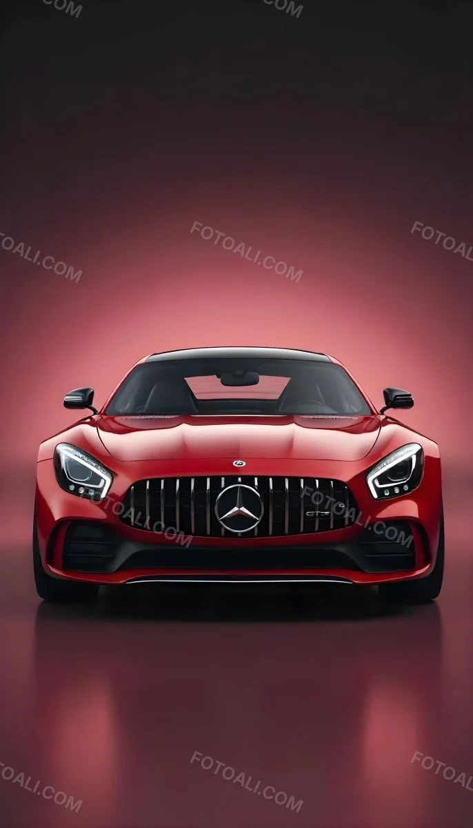 Red Mercedes Gts S Car Front View Sleek Design Prominent Mercedes Logo On The Grill Modern Headlights Against A Gradient Red Background 20 F7c0
