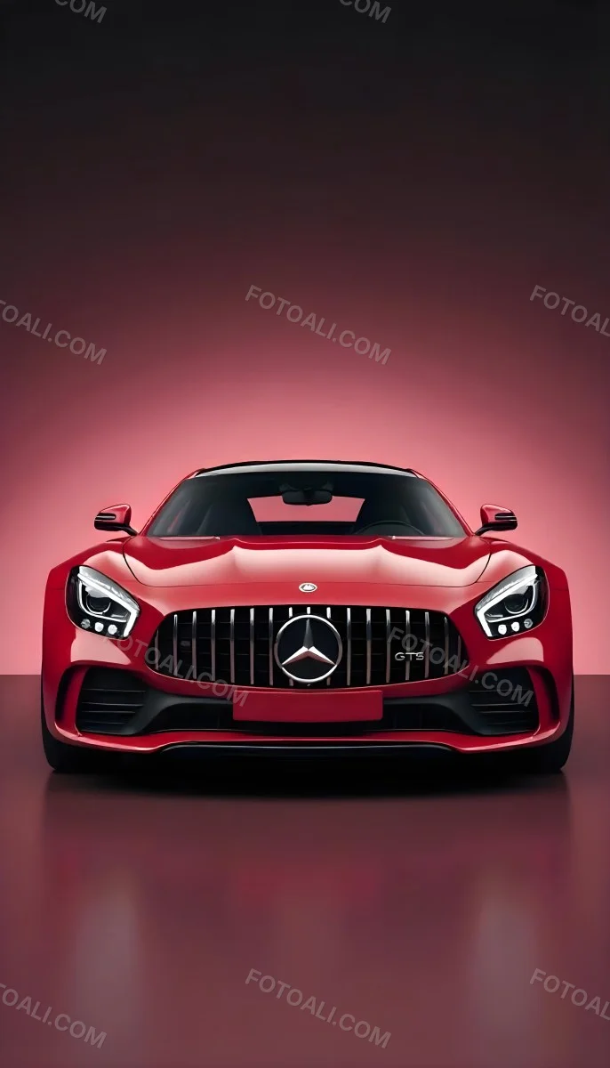 Red Mercedes Gts S Car Front View Sleek Design Prominent Mercedes Logo On The Grill Modern Headlights Against A Gradient Red Background 21 Fc1f
