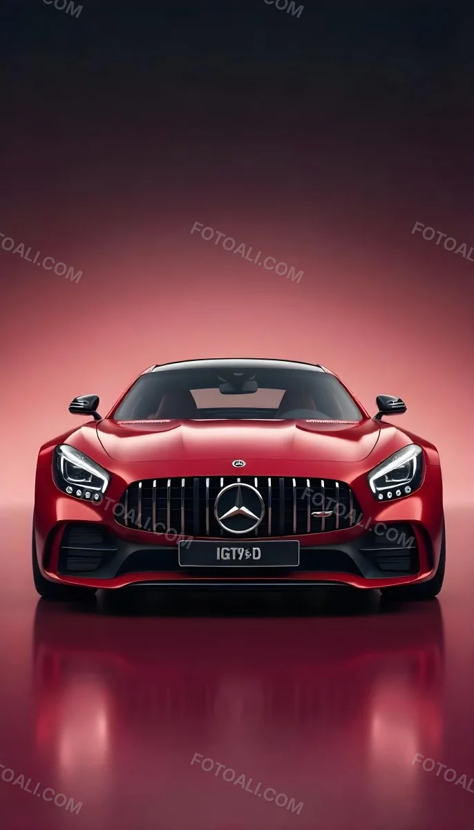 Red Mercedes Gts S Car Front View Sleek Design Prominent Mercedes Logo On The Grill Modern Headlights Against A Gradient Red Background 22 2319