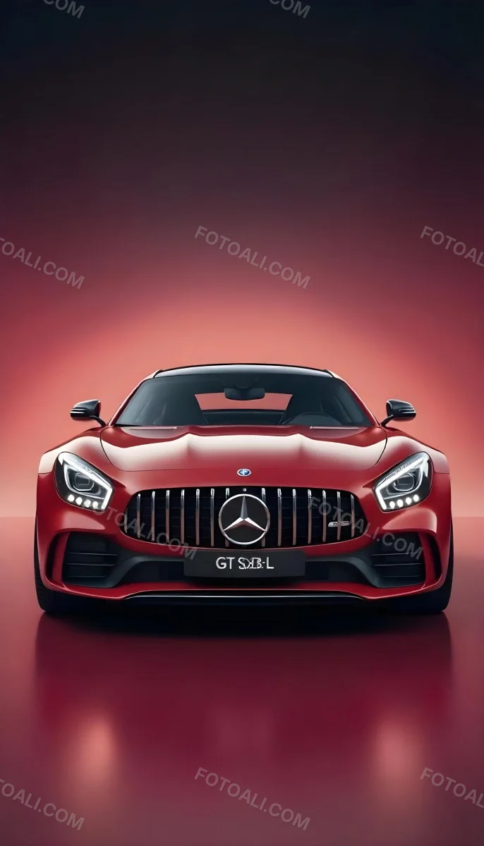 Red Mercedes Gts S Car Front View Sleek Design Prominent Mercedes Logo On The Grill Modern Headlights Against A Gradient Red Background 23 7ad0