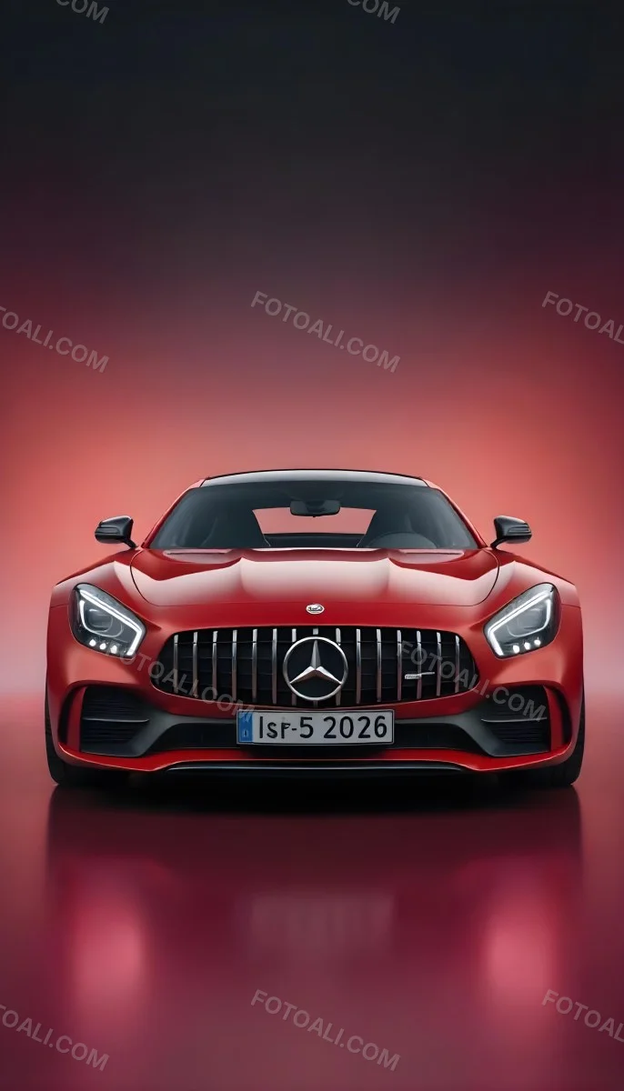 Red Mercedes Gts S Car Front View Sleek Design Prominent Mercedes Logo On The Grill Modern Headlights Against A Gradient Red Background 24 F09a