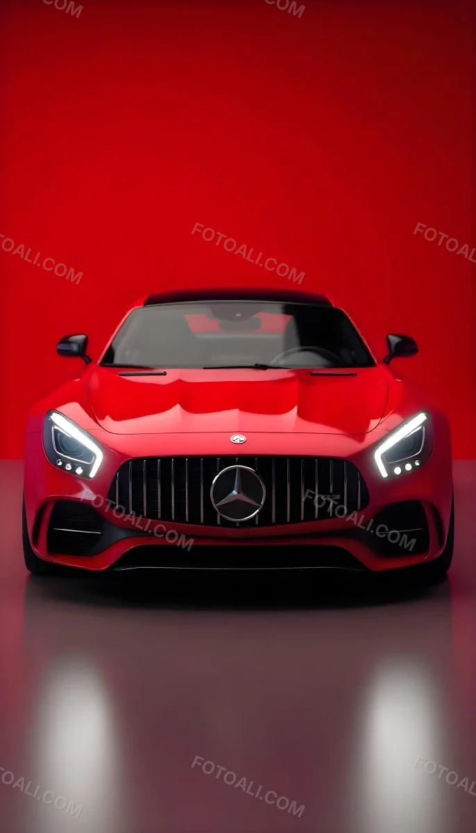 Red Mercedes Gts S Car Front View Sleek Design Prominent Mercedes Logo On The Grill Modern Headlights Against A Gradient Red Background 3 Eefb
