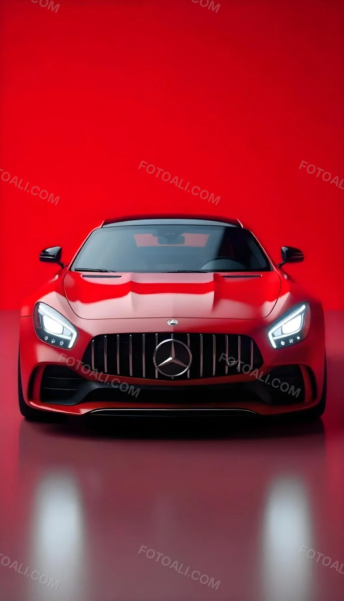 Red Mercedes Gts S Car Front View Sleek Design Prominent Mercedes Logo On The Grill Modern Headlights Against A Gradient Red Background 5 F31f