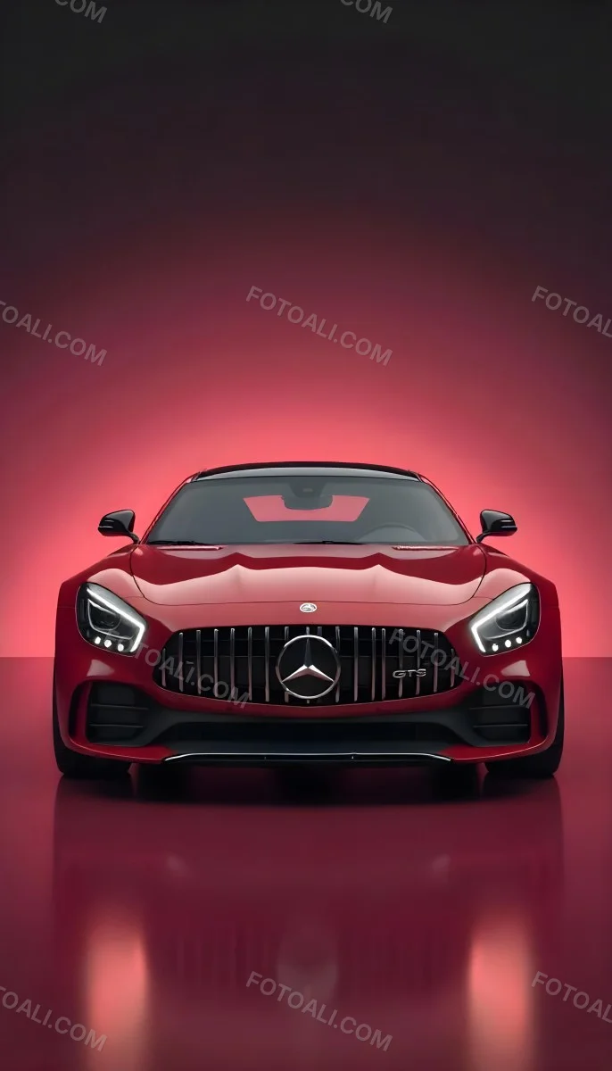 Red Mercedes Gts S Car Front View Sleek Design Prominent Mercedes Logo On The Grill Modern Headlights Against A Gradient Red Background 6 23dd