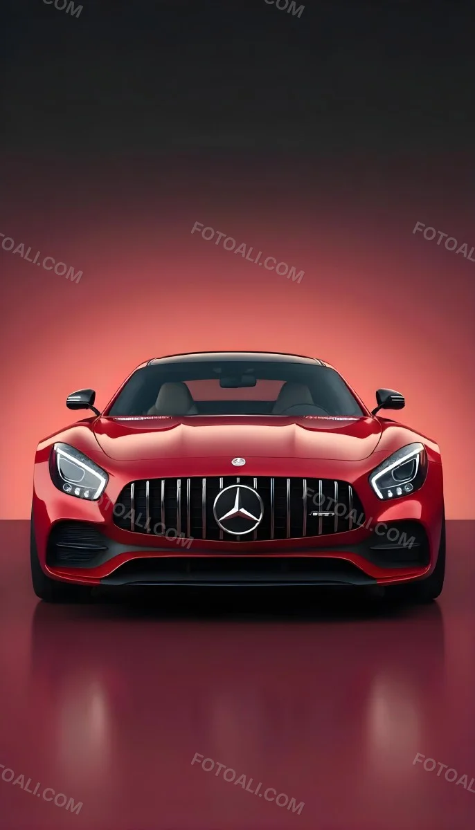 Red Mercedes Gts S Car Front View Sleek Design Prominent Mercedes Logo On The Grill Modern Headlights Against A Gradient Red Background 7 8109
