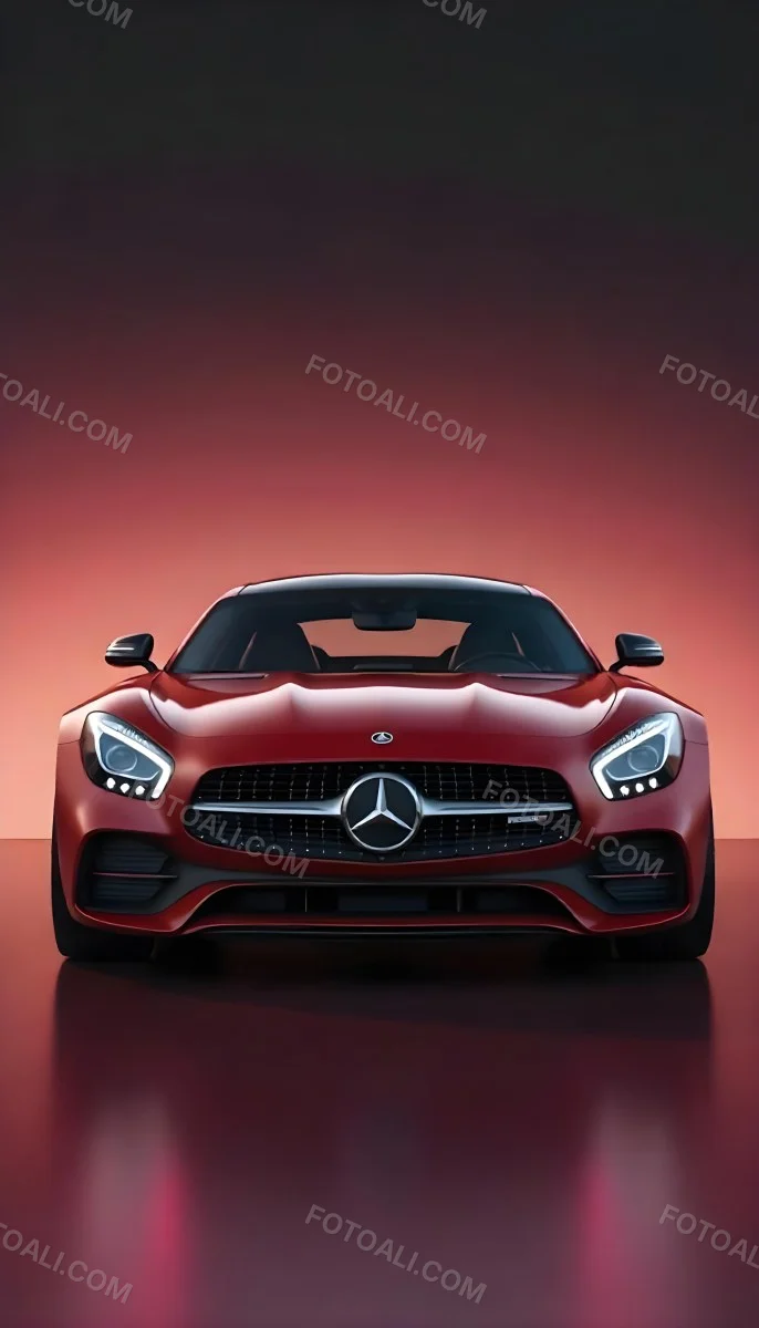Red Mercedes Gts S Car Front View Sleek Design Prominent Mercedes Logo On The Grill Modern Headlights Against A Gradient Red Background 8 1ef1