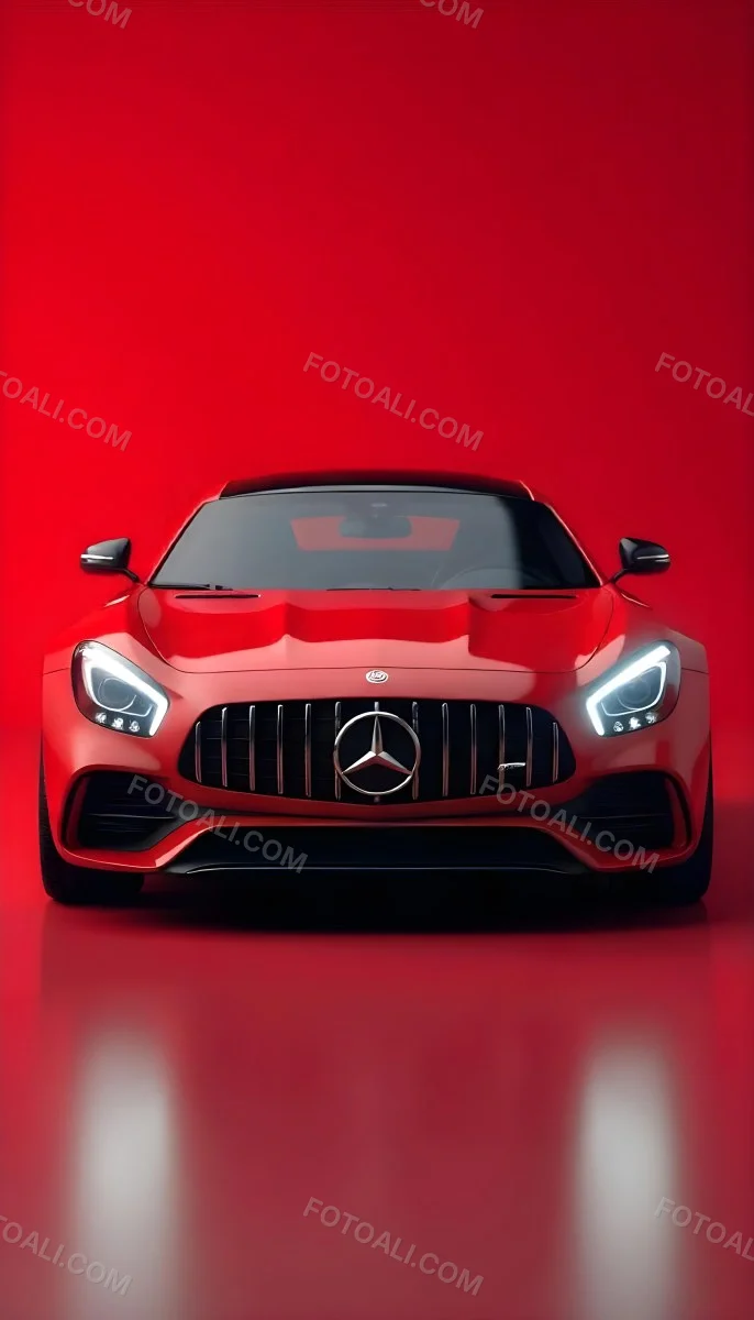 Red Mercedes Gts S Car Front View Sleek Design Prominent Mercedes Logo On The Grill Modern Headlights Against A Gradient Red Background 9 10ab