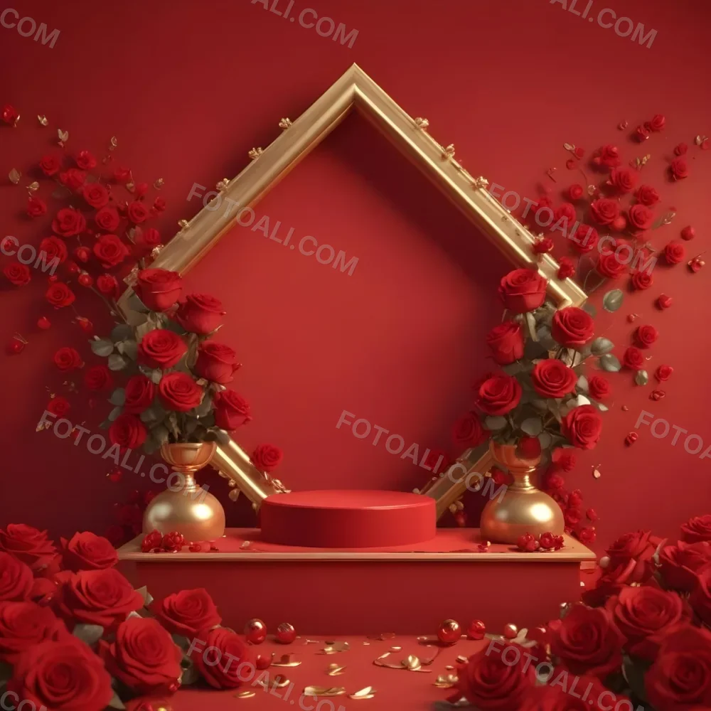 Red Roses Surrounding A Podium With A Golden Frame Red Background Golden Spheres Romantic Theme Product Presentation Elegant Design Valentine S Day Concept 13 Eab0