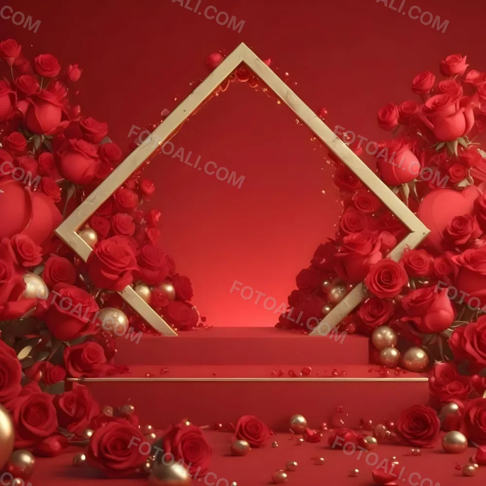 Red Roses Surrounding A Podium With A Golden Frame Red Background Golden Spheres Romantic Theme Product Presentation Elegant Design Valentine S Day Concept 16 D2d3