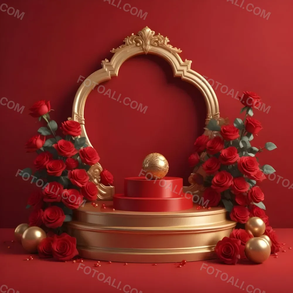 Red Roses Surrounding A Podium With A Golden Frame Red Background Golden Spheres Romantic Theme Product Presentation Elegant Design Valentine S Day Concept 2 4ac1