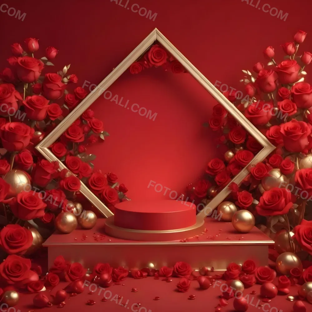 Red Roses Surrounding A Podium With A Golden Frame Red Background Golden Spheres Romantic Theme Product Presentation Elegant Design Valentine S Day Concept 22 F0b8