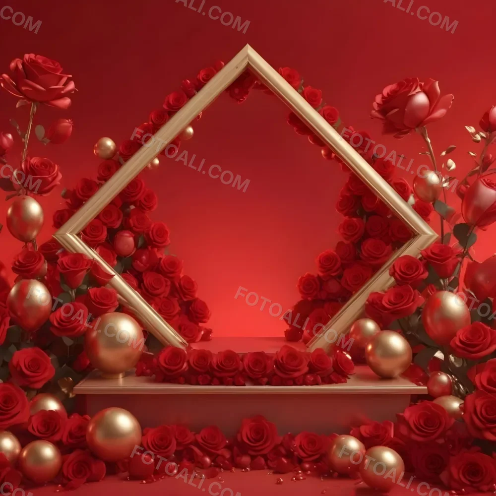 Red Roses Surrounding A Podium With A Golden Frame Red Background Golden Spheres Romantic Theme Product Presentation Elegant Design Valentine S Day Concept 25 58ba