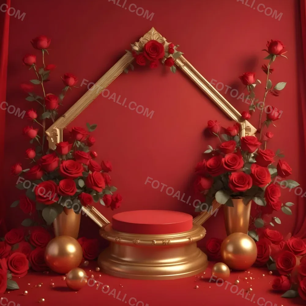 Red Roses Surrounding A Podium With A Golden Frame Red Background Golden Spheres Romantic Theme Product Presentation Elegant Design Valentine S Day Concept 26 15bd
