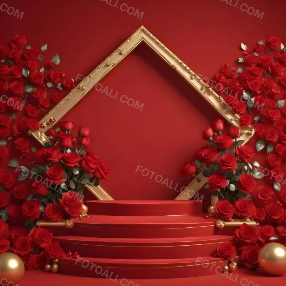 Red Roses Surrounding A Podium With A Golden Frame Red Background Golden Spheres Romantic Theme Product Presentation Elegant Design Valentine S Day Concept 27 C923