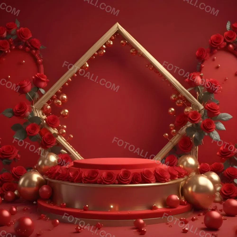 Red Roses Surrounding A Podium With A Golden Frame Red Background Golden Spheres Romantic Theme Product Presentation Elegant Design Valentine S Day Concept 28 C8b4